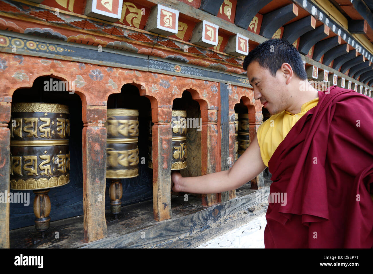 Mönch von Gebetsmühlen, Changangkha Lhakhang, Thimphu, Bhutan, Asien Stockfoto