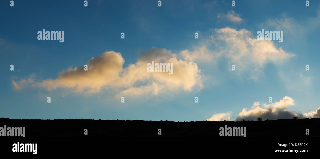 Sunrise bewölkt blauer Himmel Panoramablick. Devon, England Stockfoto