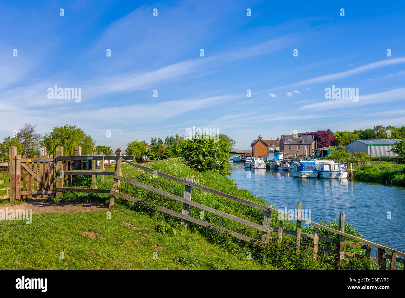 Fluss-Rumpf mit Boote vertäut am Ufer mit Fechten und Häusern an einem sonnigen Tag mit blauem Himmel, Yorkshire, Großbritannien. Stockfoto