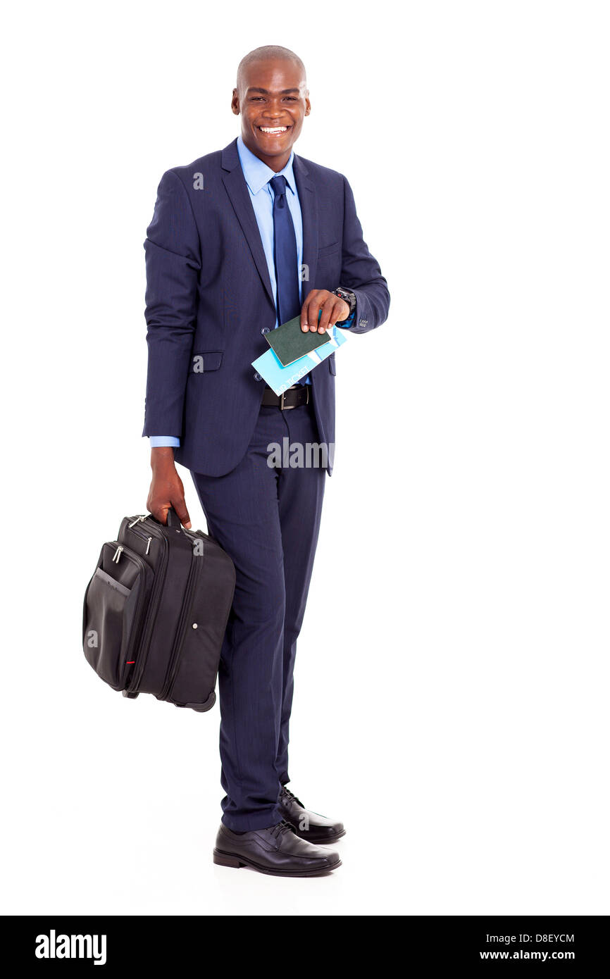 glücklich afroamerikanische Geschäftsreisenden mit Koffer und Air ticket Stockfoto