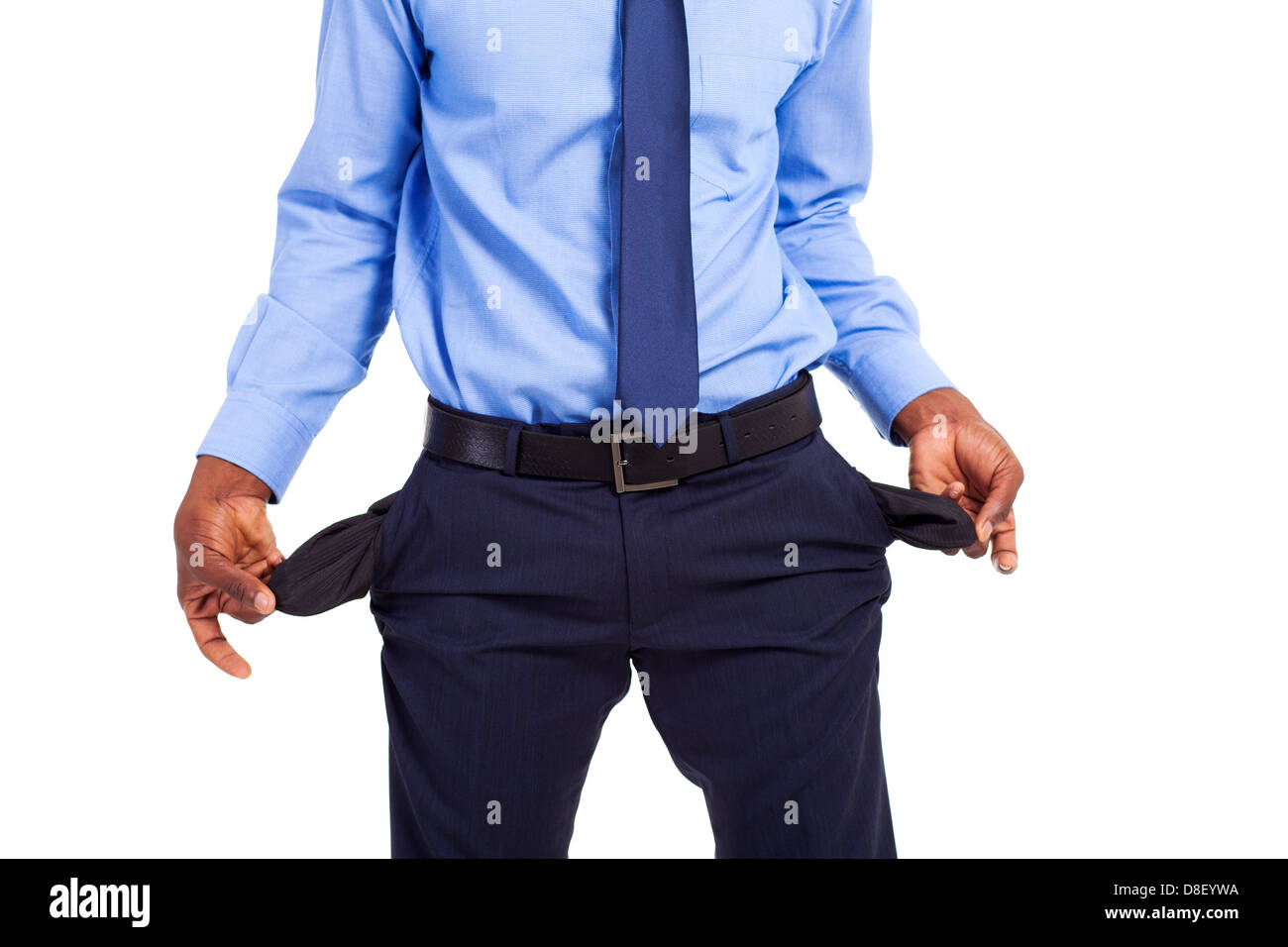 afrikanische amerikanische Geschäftsmann mit leeren Taschen Stockfoto