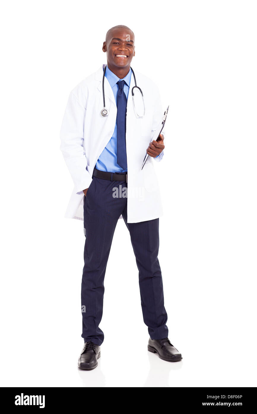 männliche afrikanische medizinische Arbeiter in voller Länge Portrait auf weiß Stockfoto