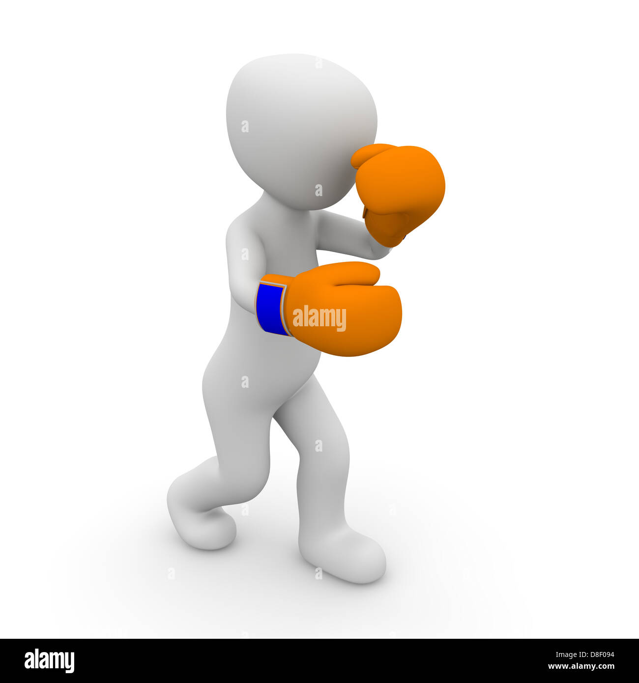 Ein 3D-Charakter mit orange Boxhandschuhe bereiten zu den anderen Boxen. Stockfoto