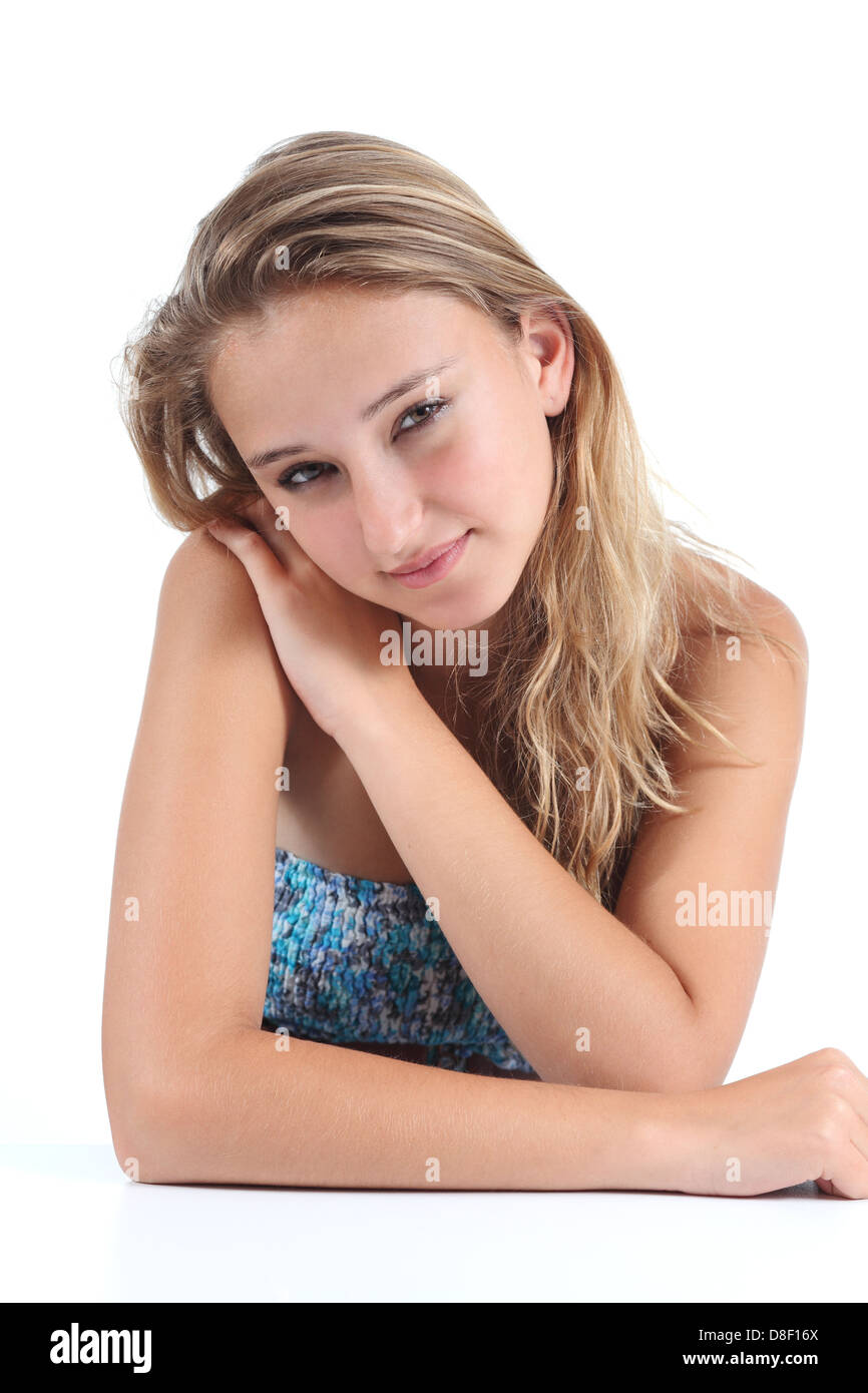Porträt von eine schöne Teenager-Mädchen posiert auf einem weißen Hintergrund isoliert Stockfoto