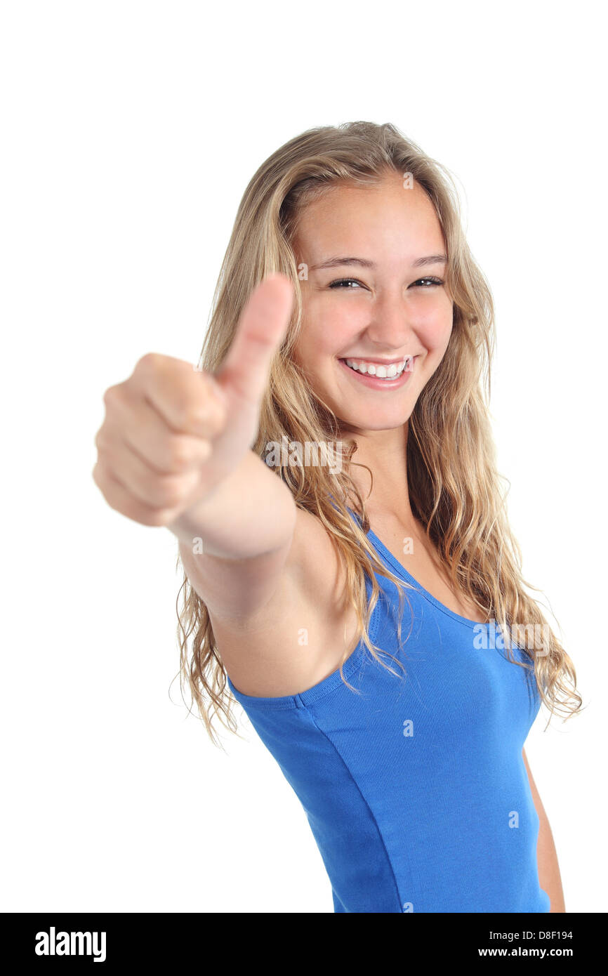 Entzückende Teenager Mädchen mit Daumen Geste auf einem weißen Hintergrund isoliert Stockfoto