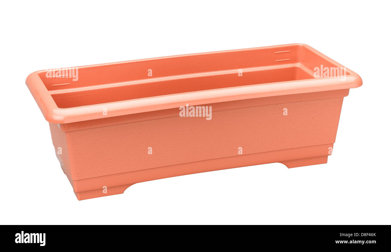 Ein leeres Quadrat Plastikblumentopf in der Farbe orange Stockfoto