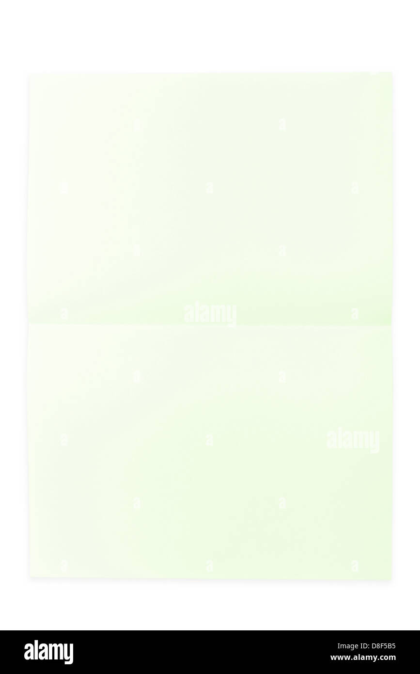 Grünbuch-Blatt gefaltet in zwei Hälften auf einem weißen Hintergrund isoliert Stockfoto