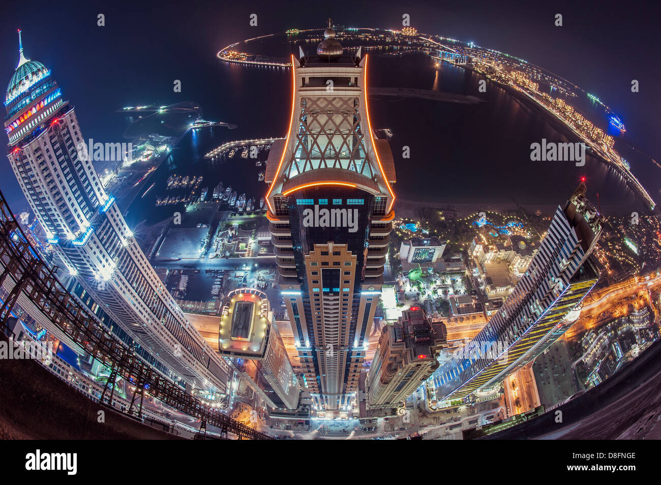 Blick auf Elite Residence und Palm Jumeirah, Dubai, Vereinigte Arabische Emirate Stockfoto