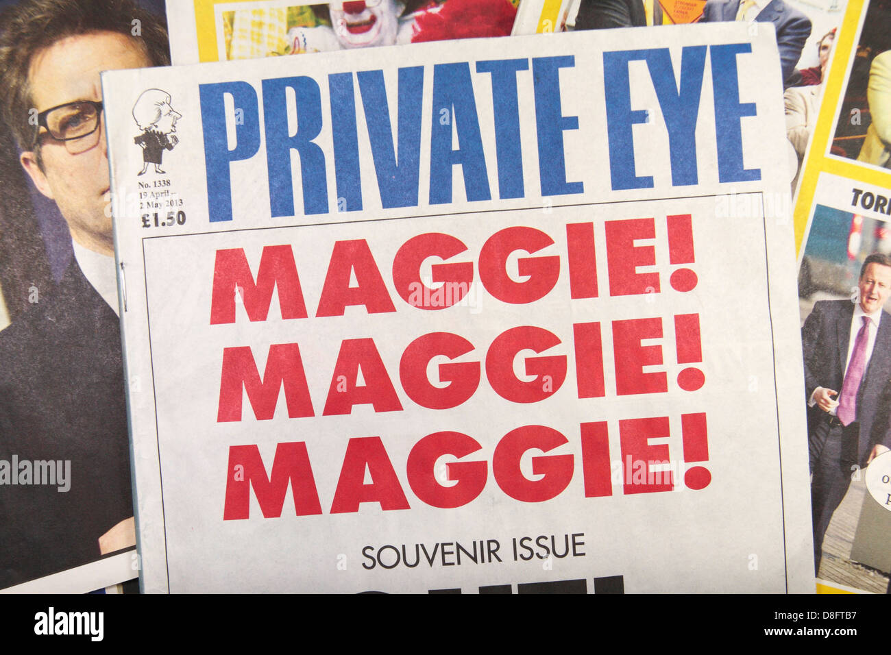Die Titelseite des Satiremagazins Privatdetektiv nach dem Tod von Margaret Thatcher (19. April 2. Mai 2013). Stockfoto