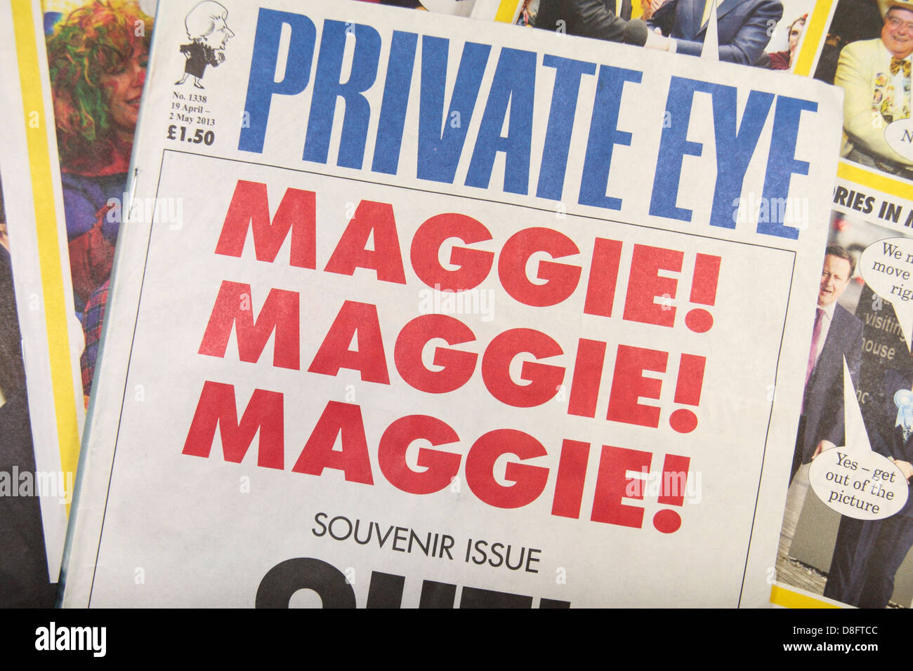 Die Titelseite des Satiremagazins Privatdetektiv nach dem Tod von Margaret Thatcher (19. April 2. Mai 2013). Stockfoto