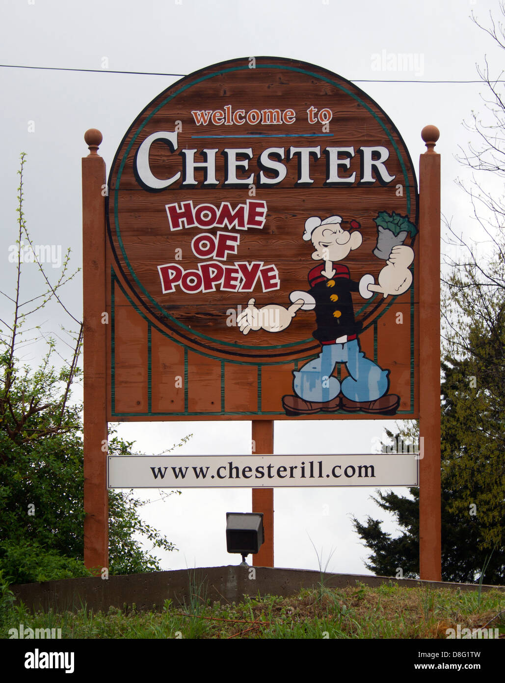 Herzlich Willkommen Sie in Chester, Illinois Zeichen Zuhause von Popeye Stockfoto