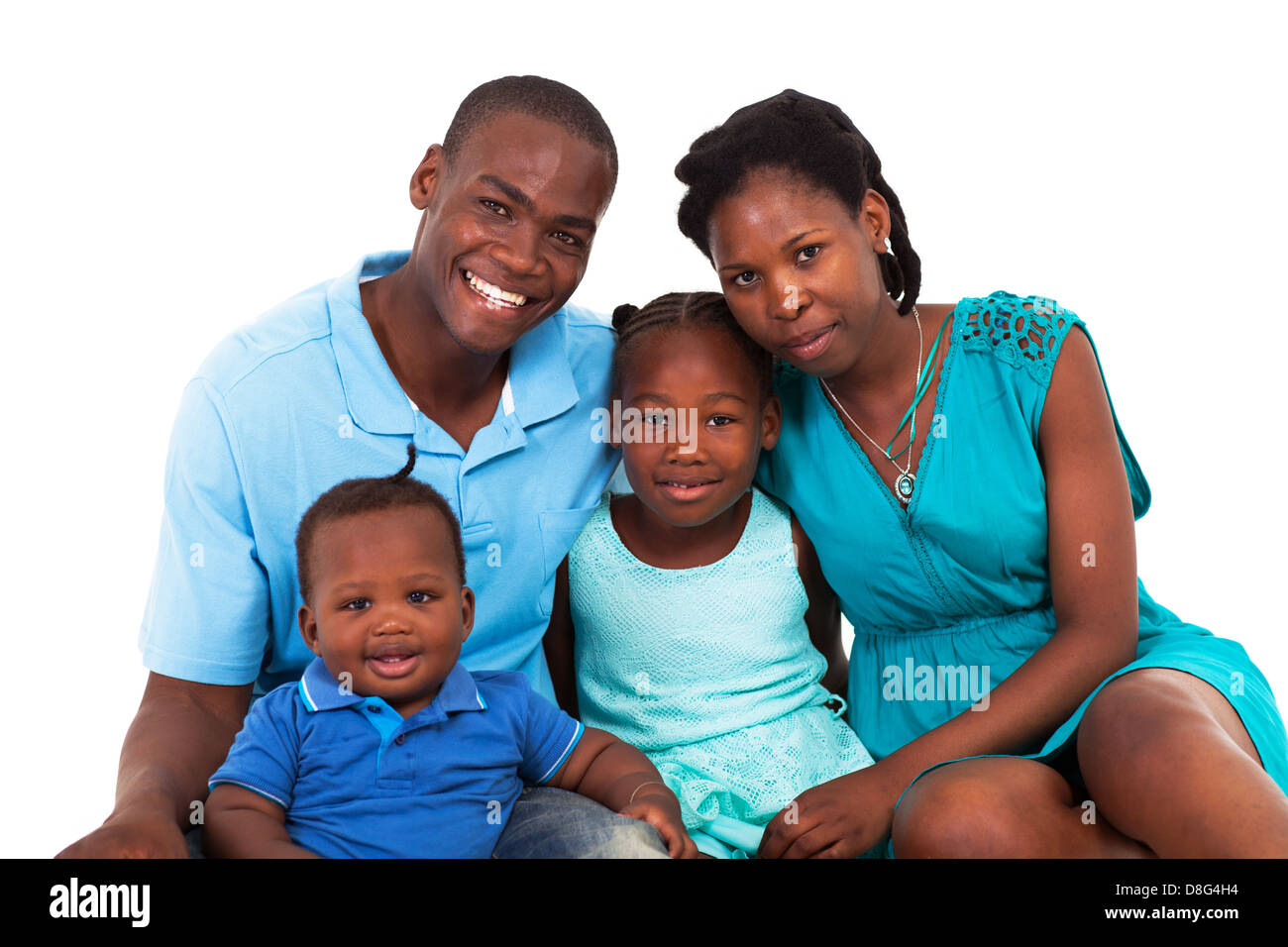freudige afroamerikanische Familie isoliert auf weiss Stockfoto