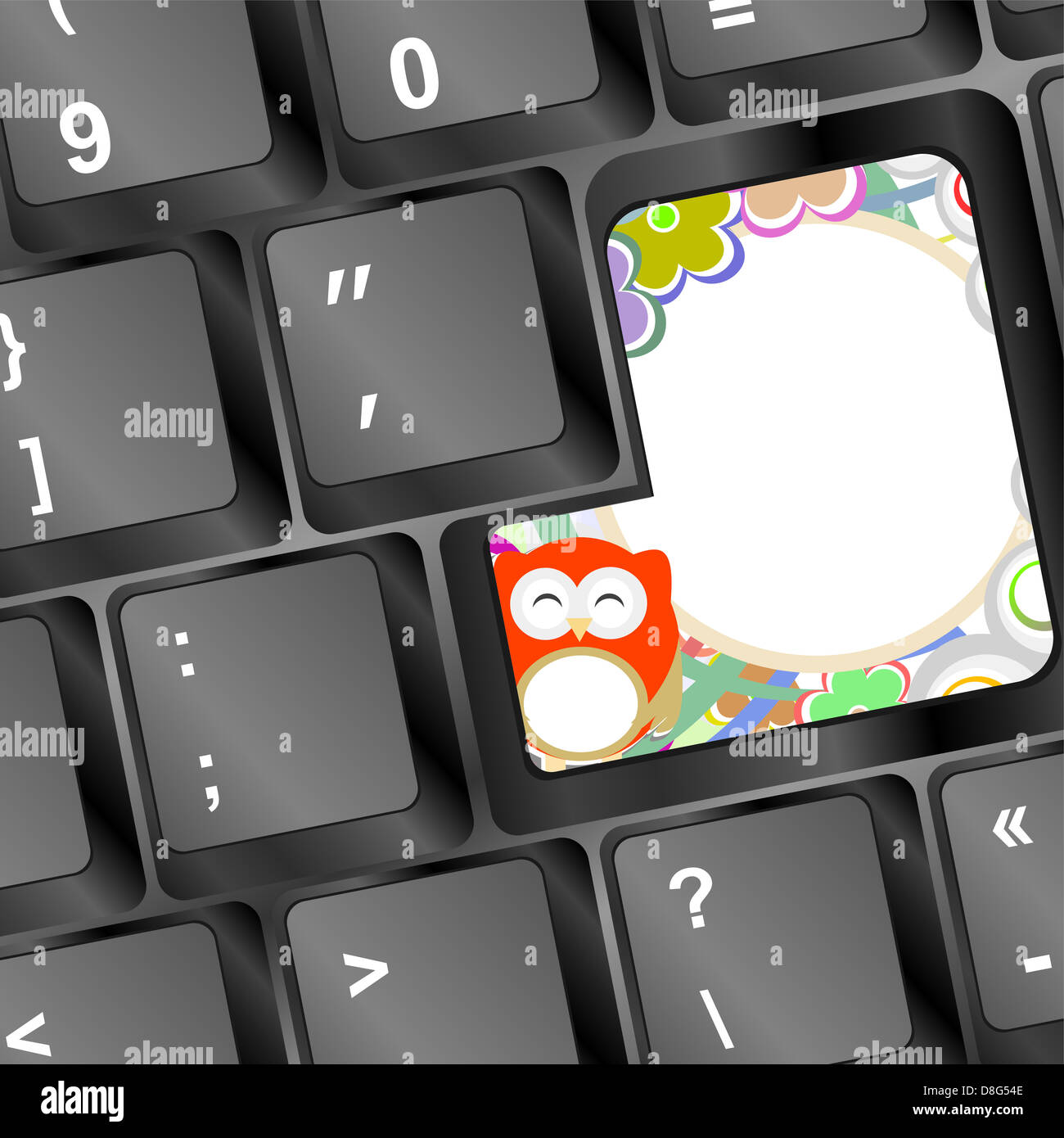 Eule und Blumen auf Computer-Tastatur-Taste Stockfoto