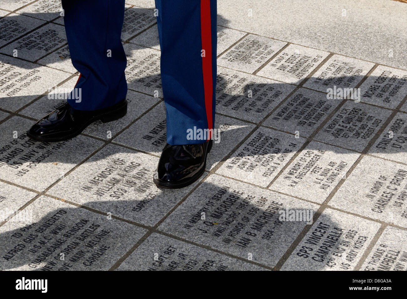 James Pinnette, uns Marine Corp Mitglied AL Post 63, steht auf Erinnerung Ziegel ebnet das WWII-Denkmal Stockfoto