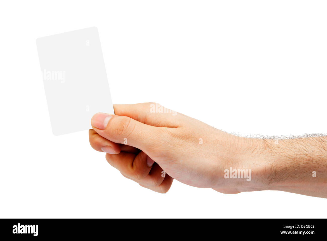 Hand und einer Plastikkarte isoliert auf weiss Stockfoto