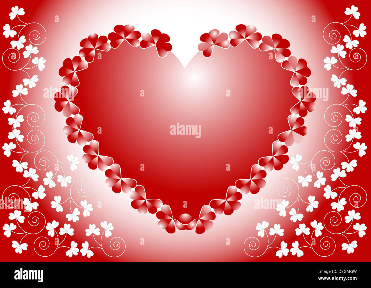 Rotes Herz auf einem Hintergrund mit Blumen. Stockfoto