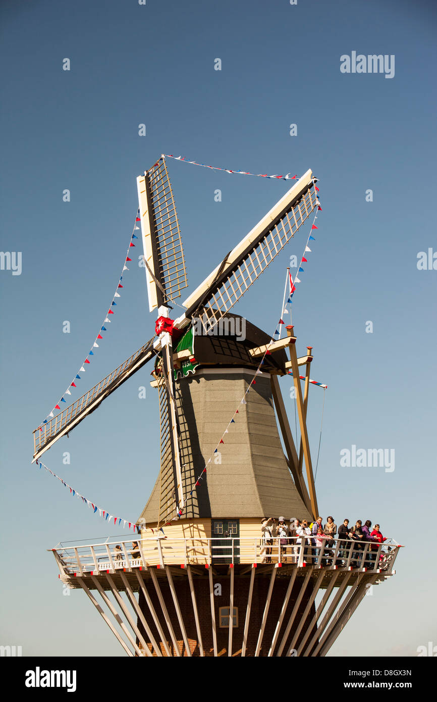 Eine Windmühle am Keukenhof Gärten, in der Nähe von Lisse, Niederlande, der berühmteste Frühling in der Welt. Stockfoto