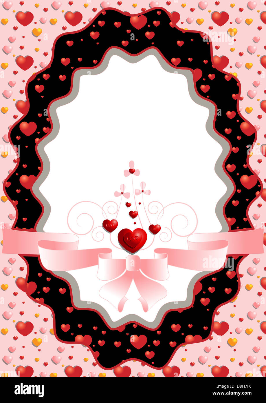 Ovalen Rahmen mit Herzen und rosa Schleife Stockfoto