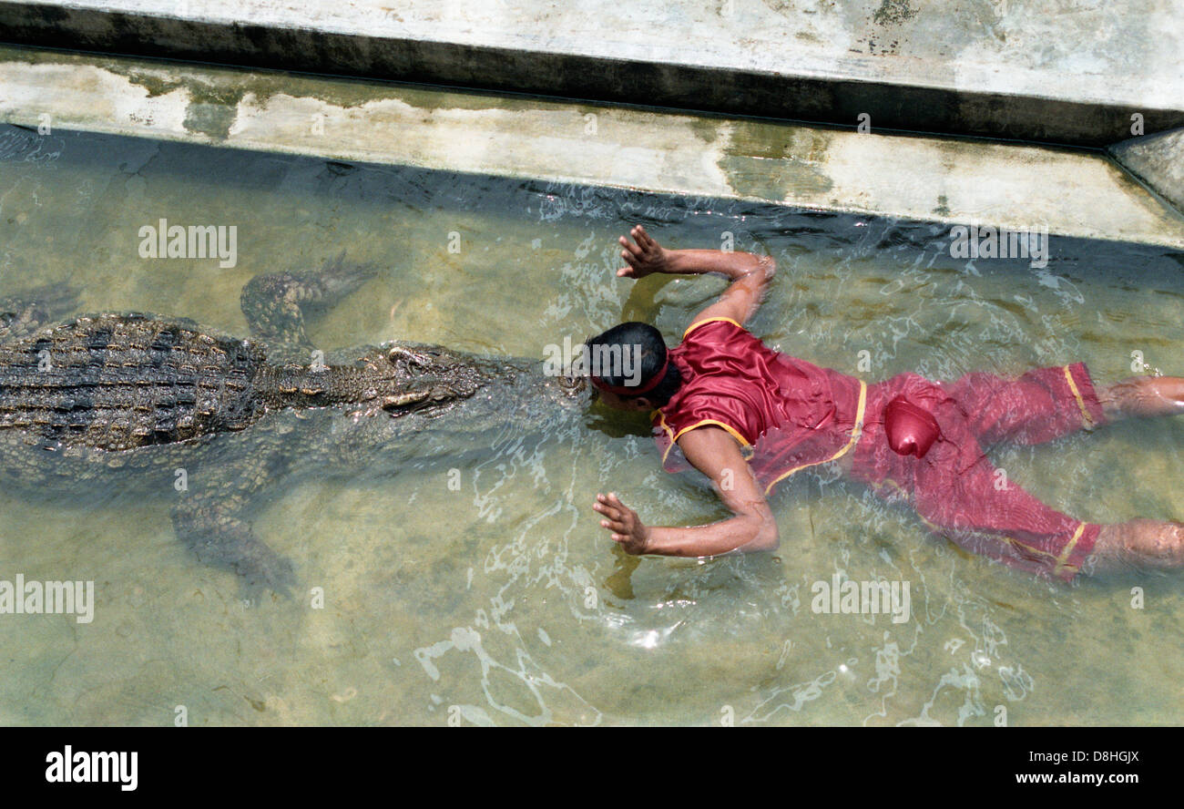 Mann küssen ein Krokodil in einer Krokodilfarm. Stockfoto