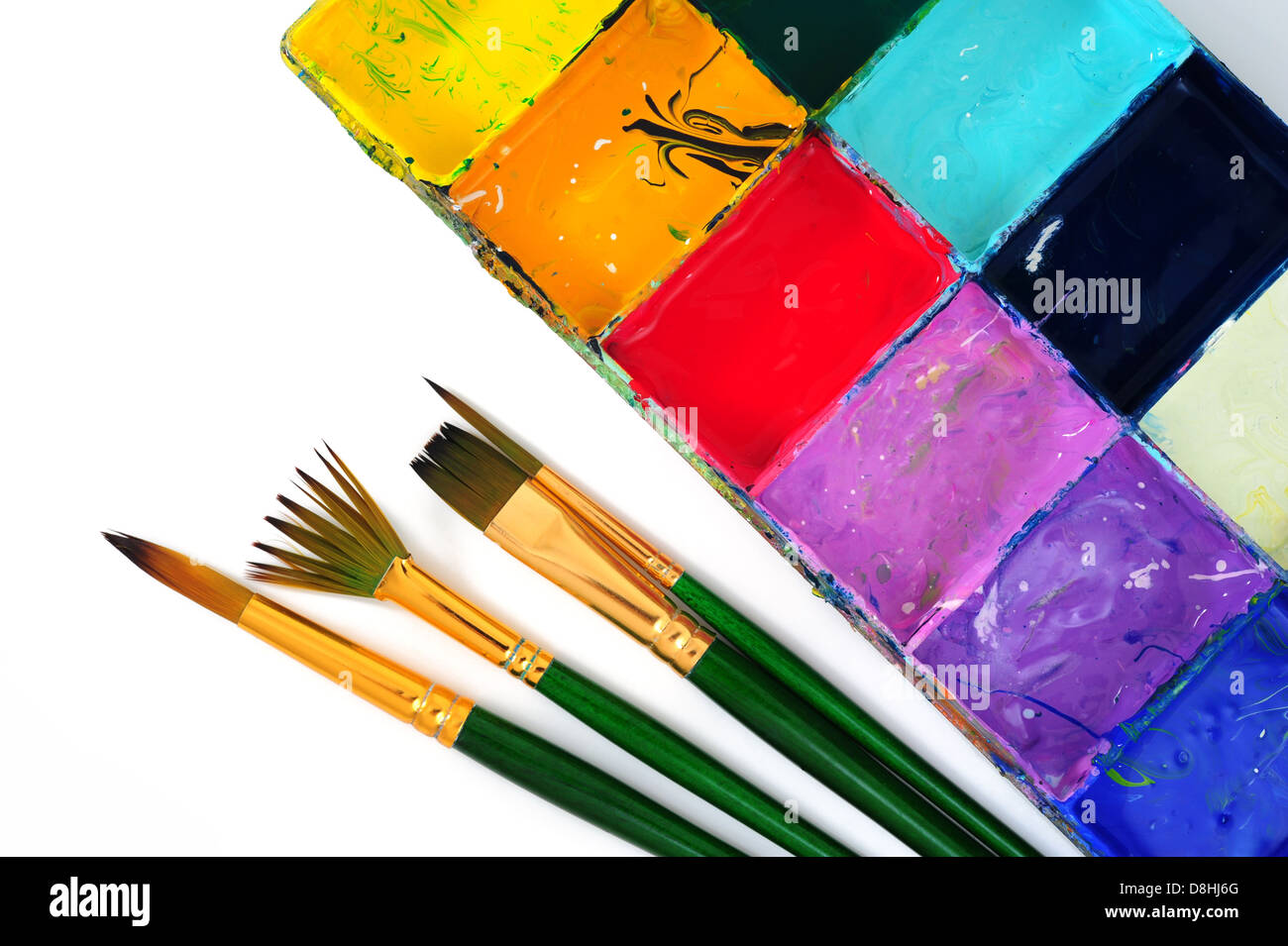 Aquarellfarben und Pinsel Stockfoto