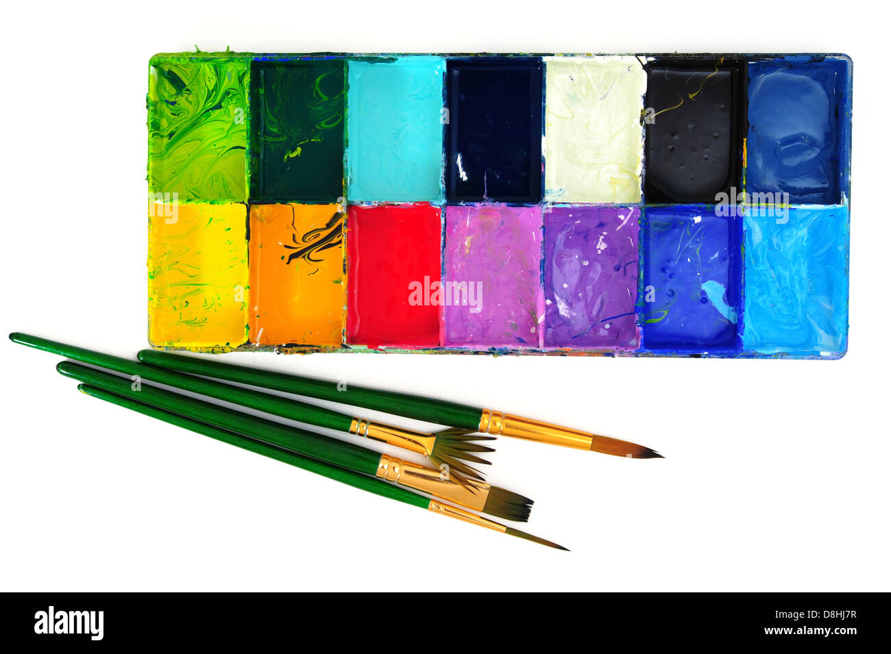 Aquarellfarben und Pinsel Stockfoto