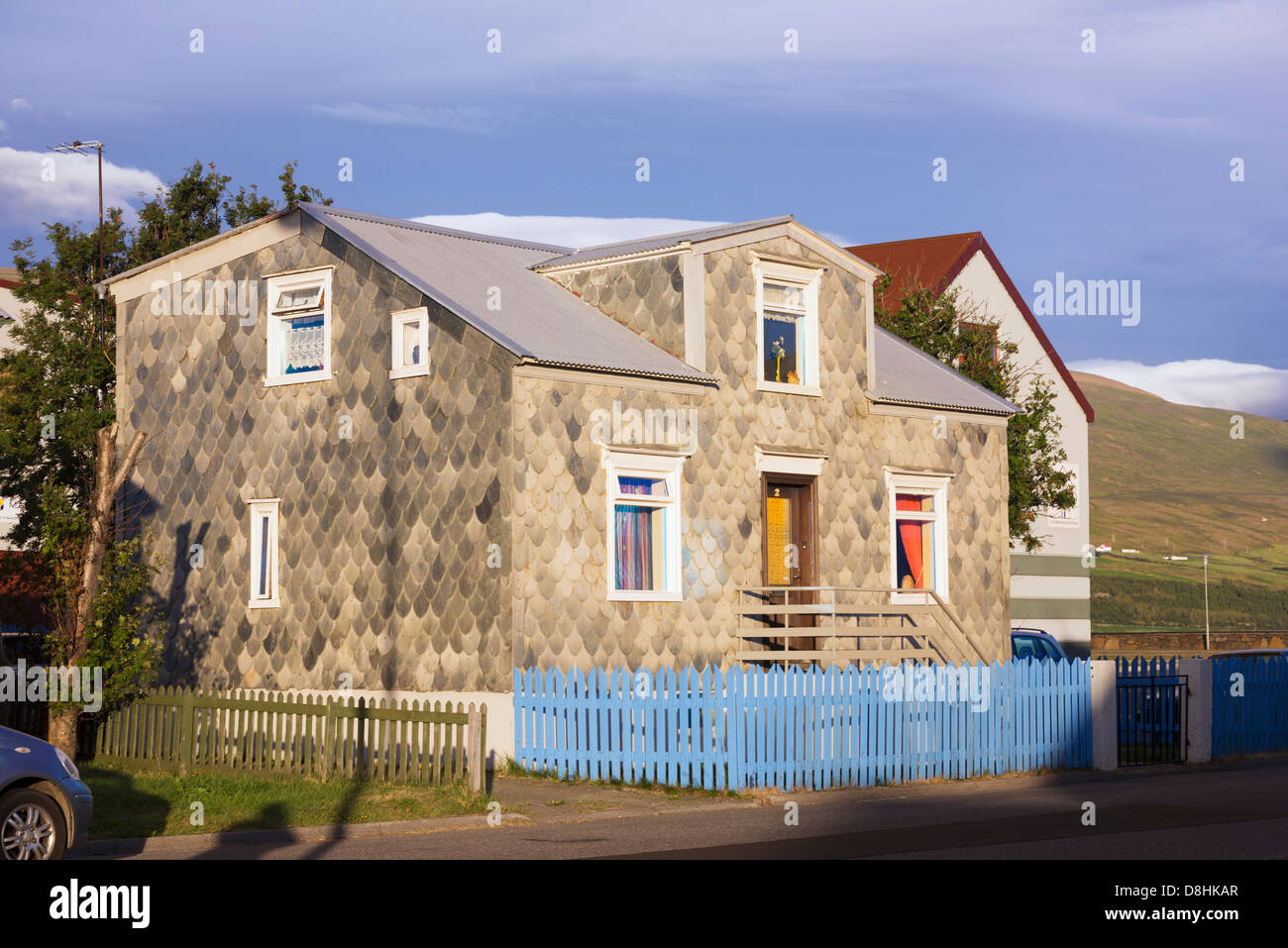 Island, Nord Region, Akureyri, Haus mit Fischschuppen Stockfoto
