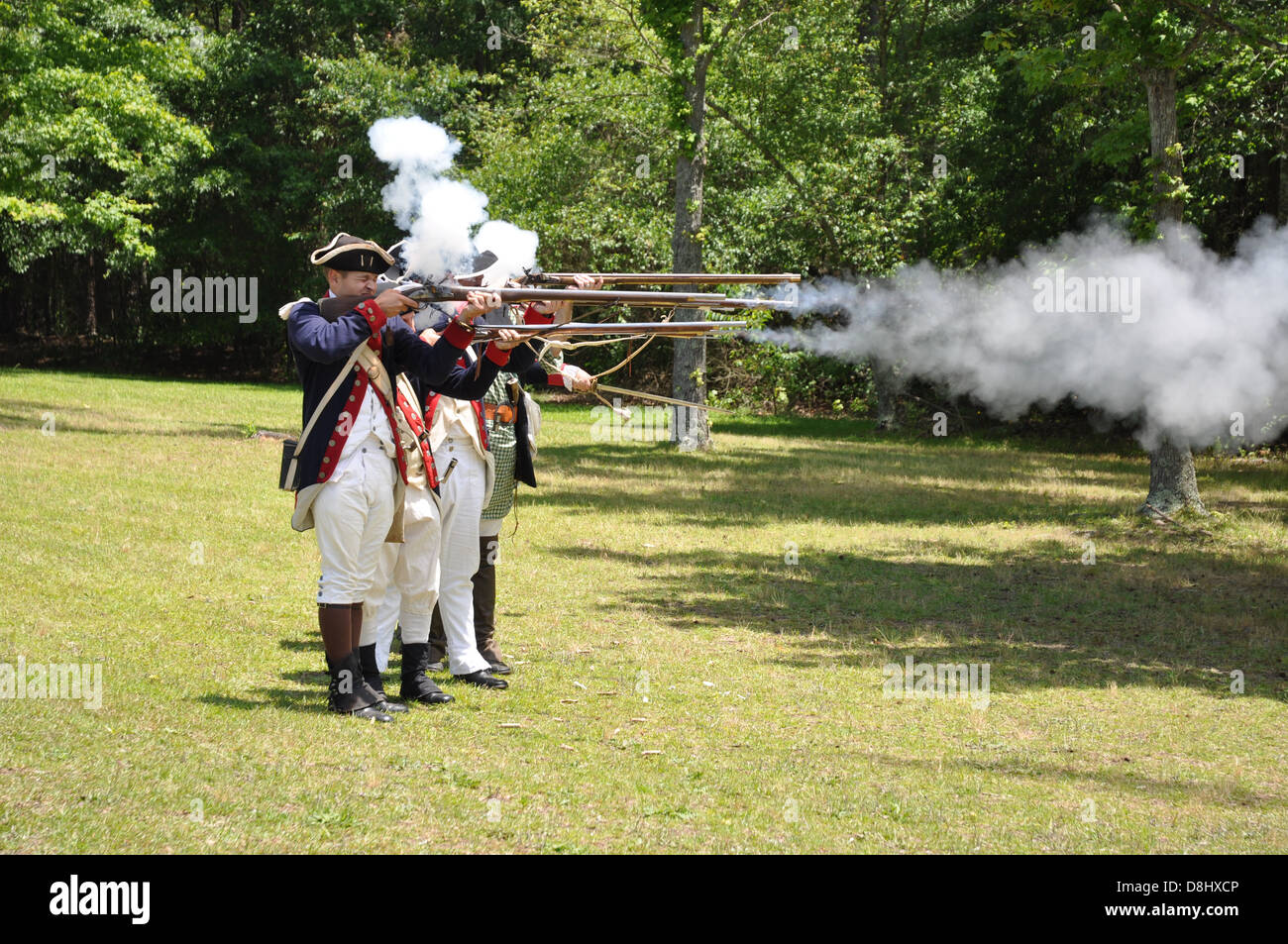 Eine Demonstration der amerikanischen Revolution Schusswaffen bei Reenactment bei Cowpens National Battlefield. Stockfoto