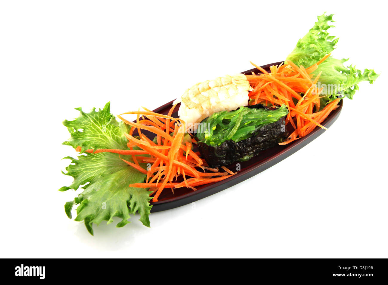 Das Sushi aus Garnelen und Seegras, Sushi ist eine Nahrung des japanischen. Stockfoto