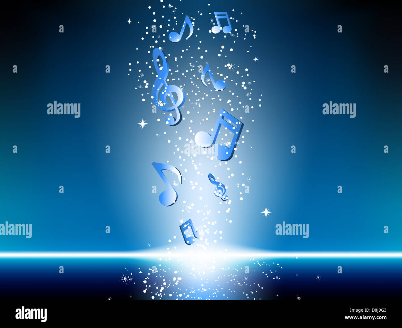 Blauer Hintergrund mit Musiknoten und Stars. Bearbeitbares Vektor-Bild Stockfoto