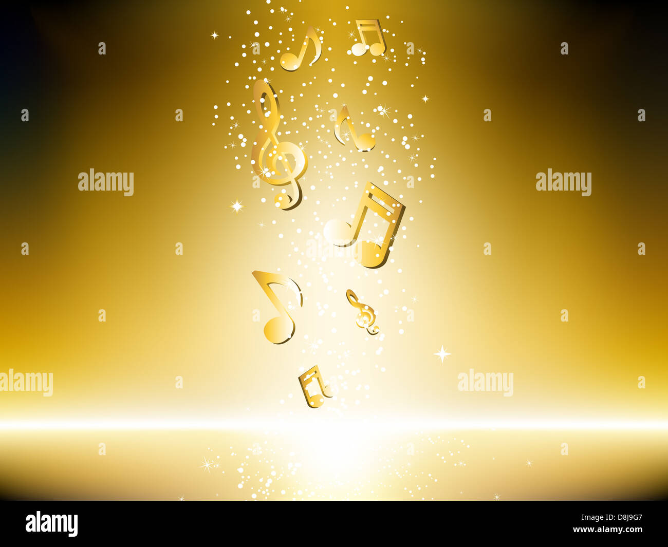 Goldgrund mit Musiknoten und Sternen. Bearbeitbares Vektor-Bild Stockfoto