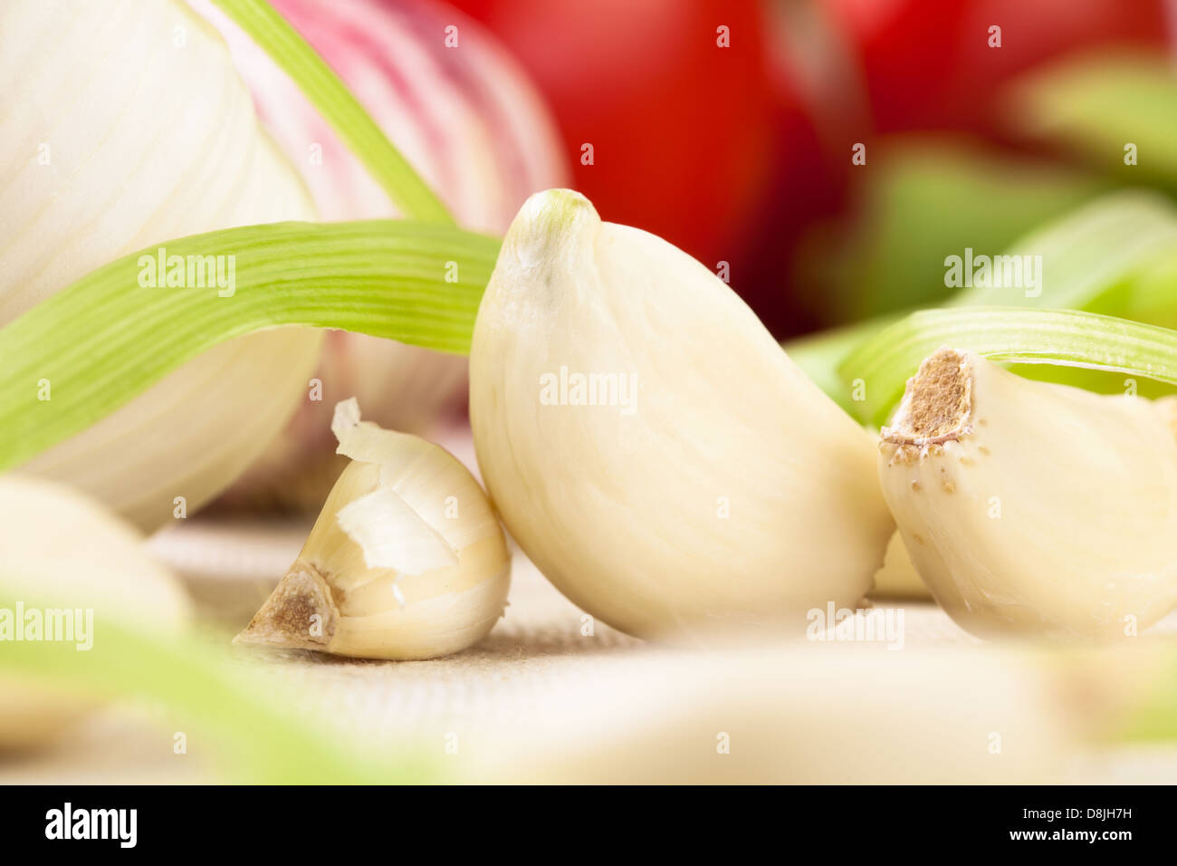 Knoblauchzehe geschält Makrogruppe closeup Stockfoto