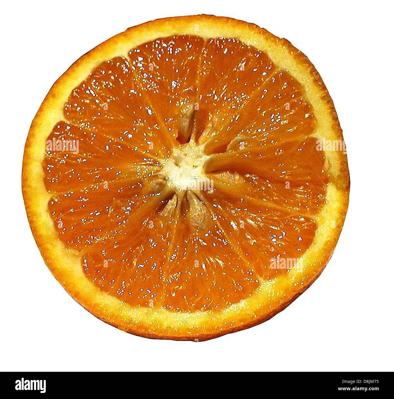 Orange in Scheiben geschnitten auf weißem Hintergrund. Stockfoto