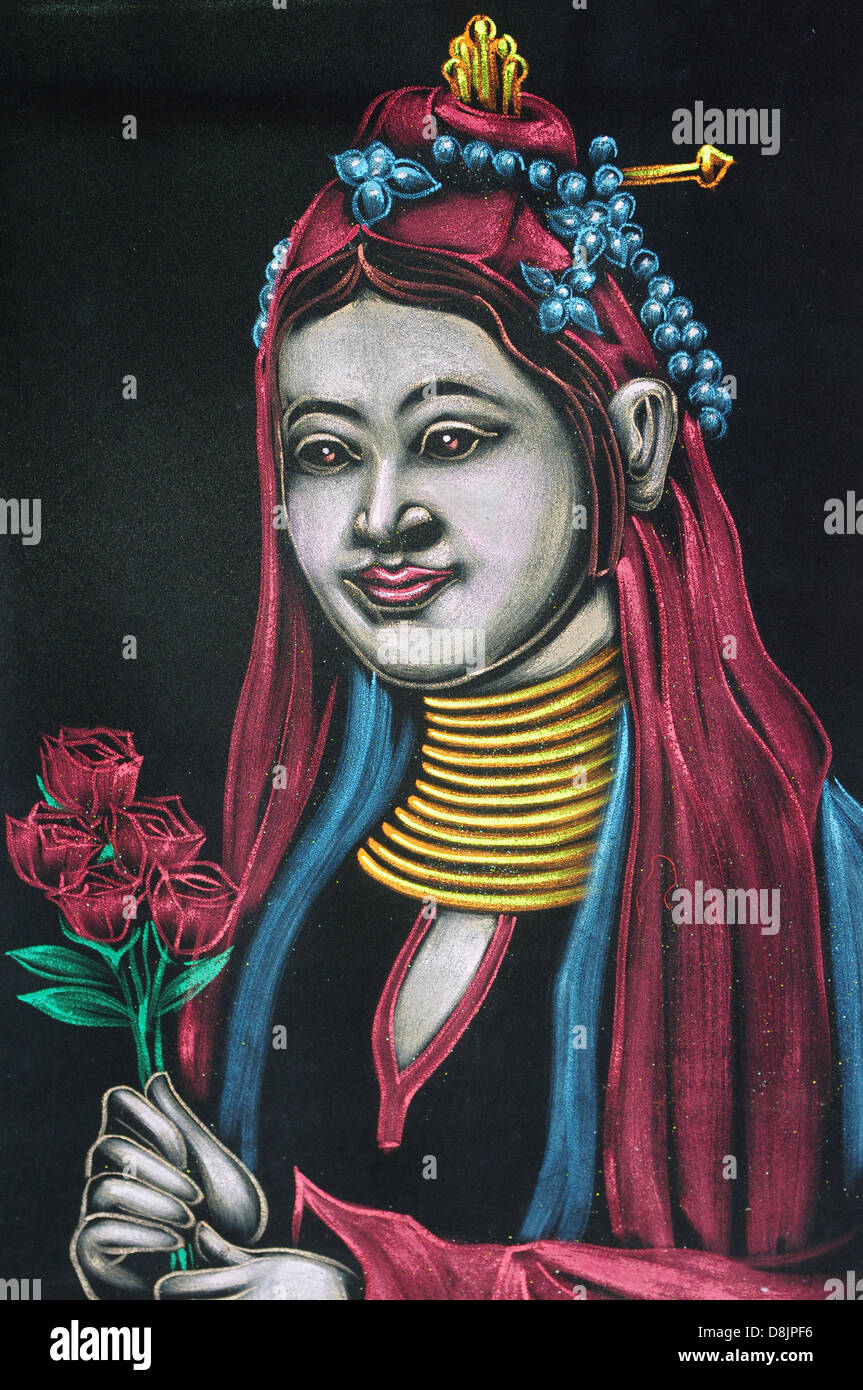 Northern Thailand Padaung Bergvolk Long Neck Karen Stamm Kunst Malerei Frau Frauen Kayan Thai schwarzen Hintergrund Chiang Mai Stockfoto