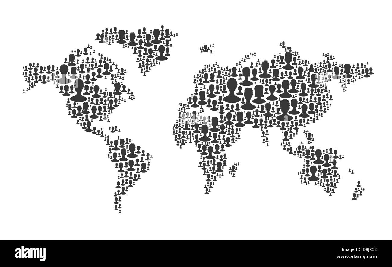 Weltkarte. Zusammengesetzt aus vielen Menschen-Silhouetten Stockfoto