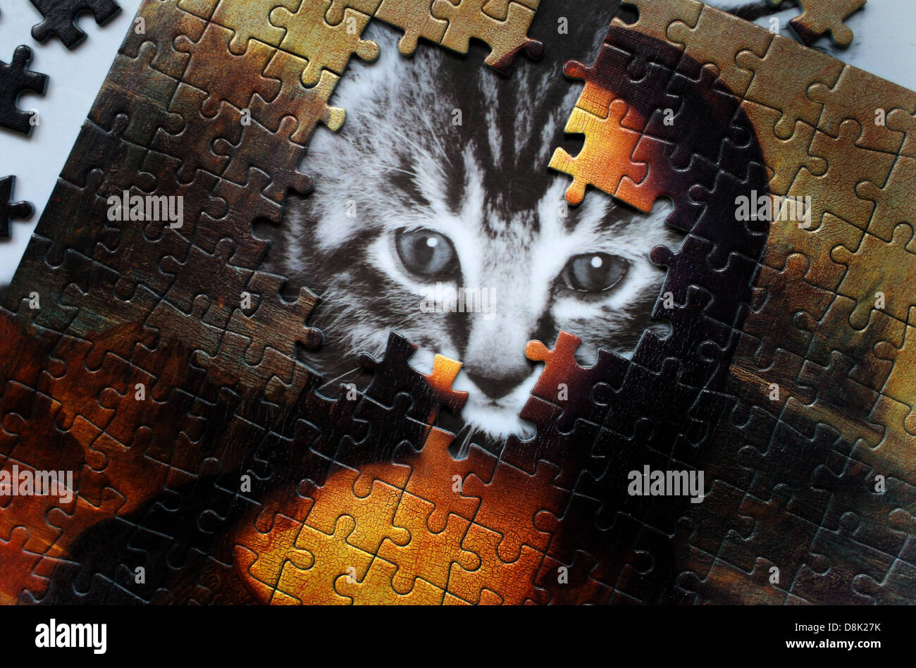 Ein Katzen-Gesicht wirkt durch einen unfertigen Mona Lisa-Puzzle. Die feline Gesicht ist Teil des Tee-Tablett unter dem Puzzle. Stockfoto