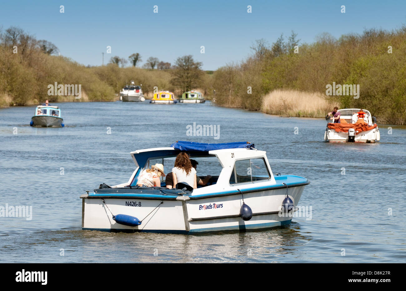 Norfolk Broads - Boote am Ranworth Damm, Ranworth breit, East Anglia, England Stockfoto
