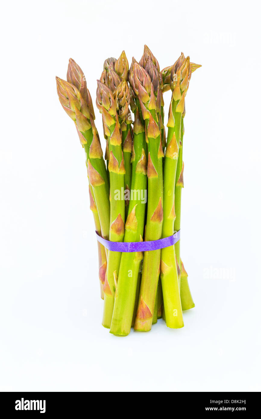 Reihe von Spargel auf weißem Hintergrund mit lila Band Stockfoto