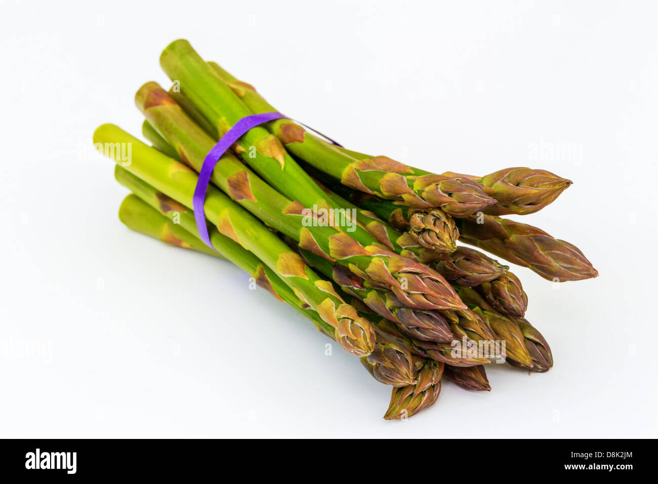 Reihe von Spargel auf weißem Hintergrund mit lila Band Stockfoto