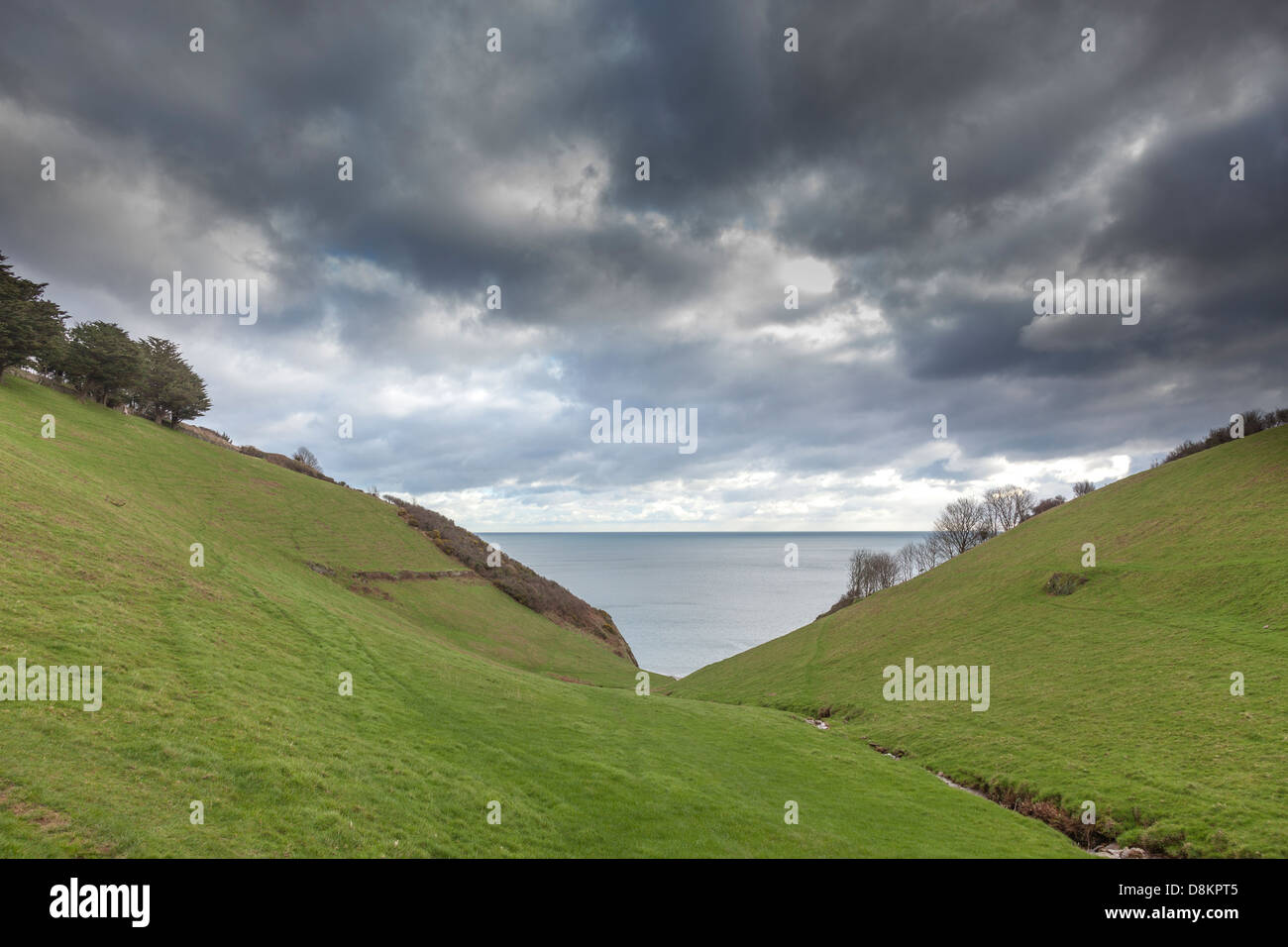 Steilen V-förmige Flusstal mit dem Meer und einem bedrohlichen Himmel, Devon, England. Stockfoto