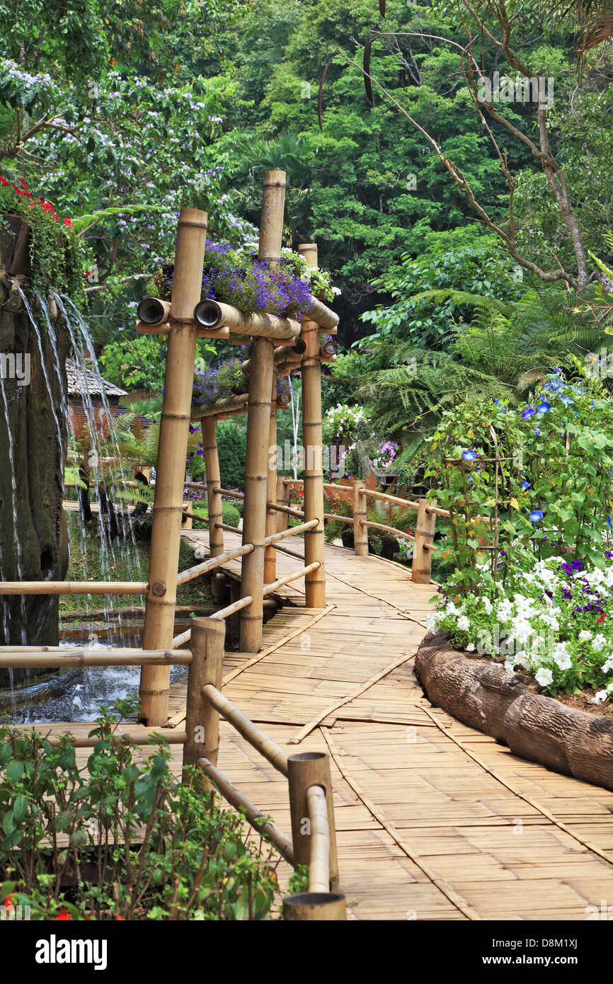 Bambus-Pfad rund um den Brunnen Stockfoto
