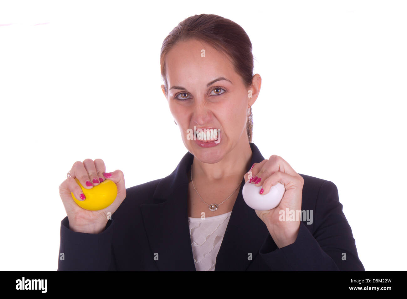 Wütend Geschäftsfrau mit Stress Kugeln Stockfoto