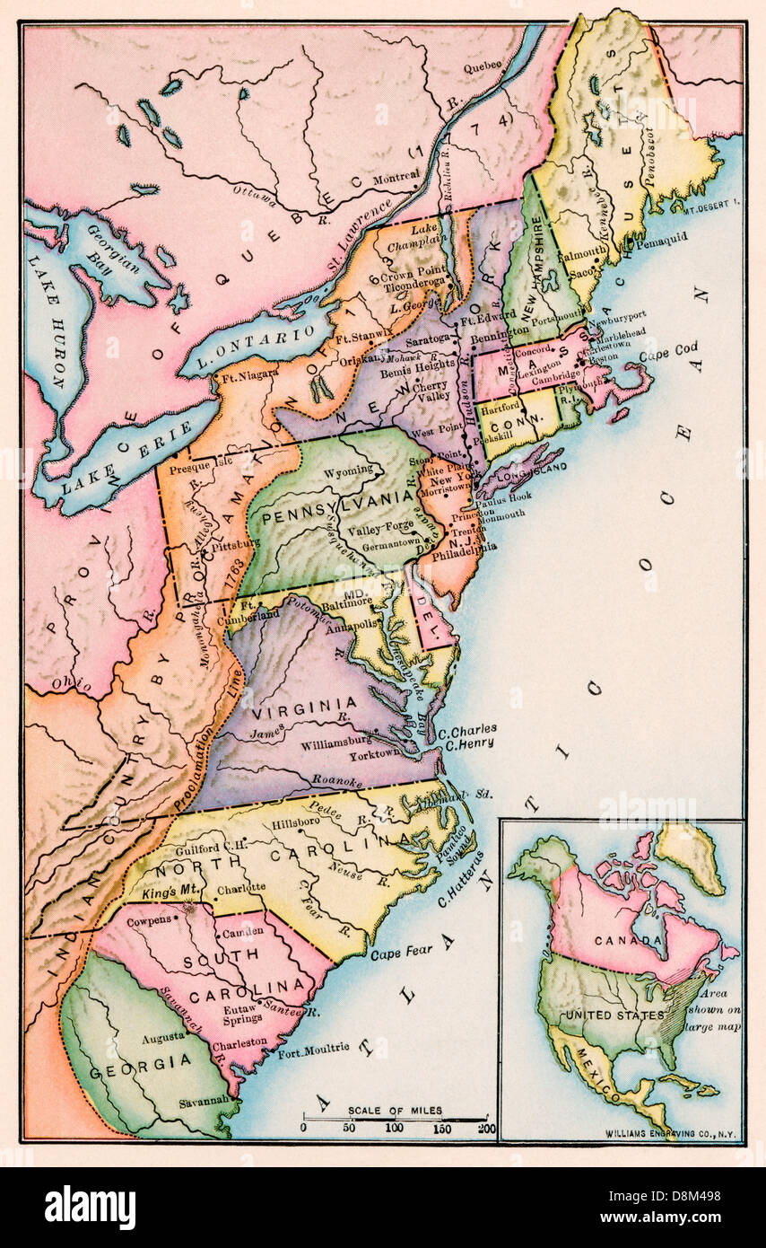 Amerikanischen Kolonien bei Ausbruch der Revolution. Gedruckte farbige Lithographie Stockfoto