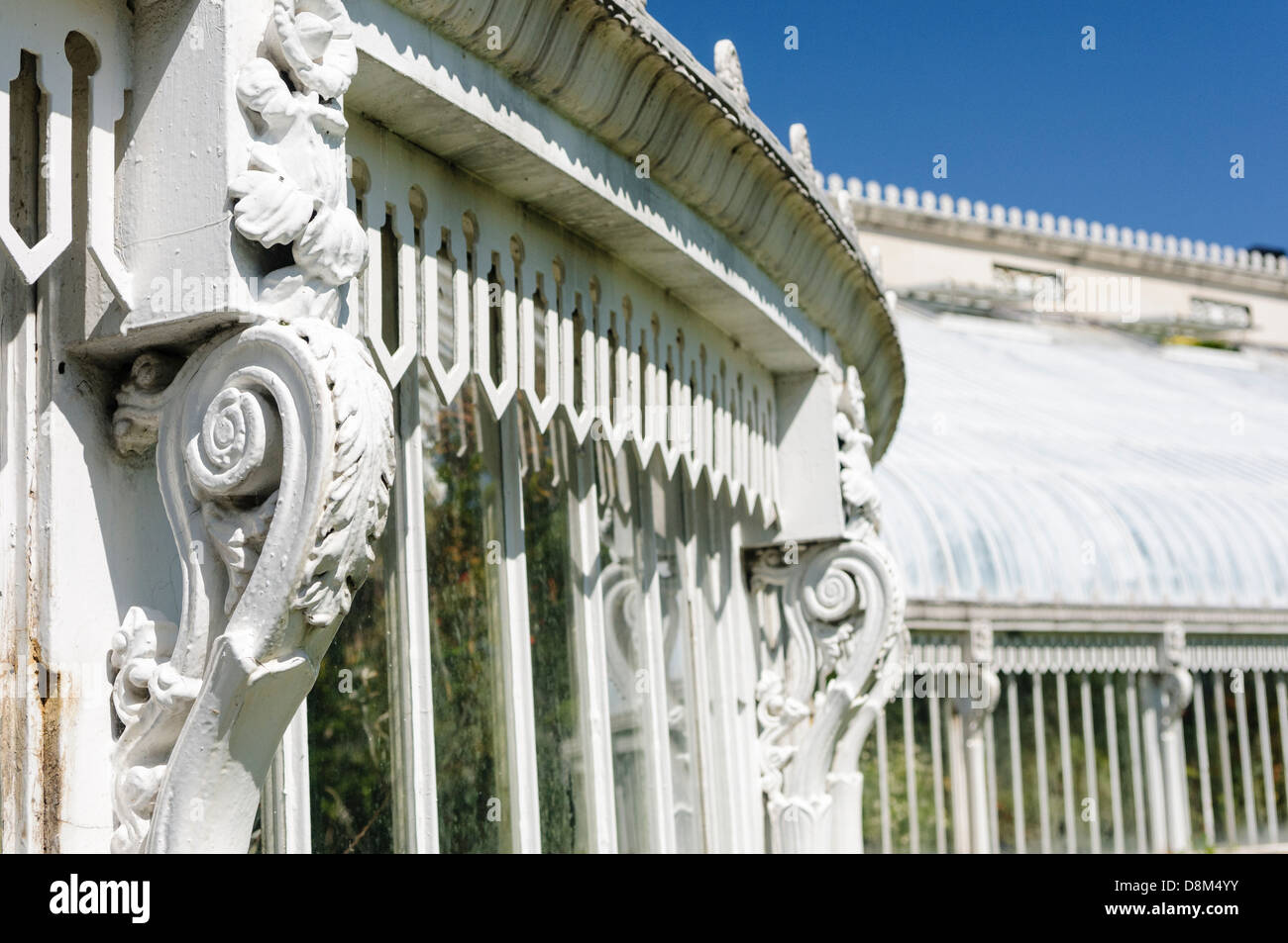 Außenseite des weltweit ältesten krummlinigen Eisen-Glasbau, das Palmenhaus im Botanischen Garten, Belfast Stockfoto