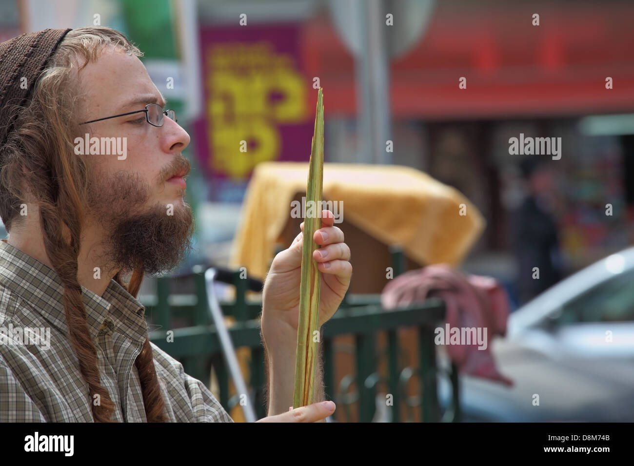 Schöne junge religiöser Jude wählt Lulaw Stockfoto