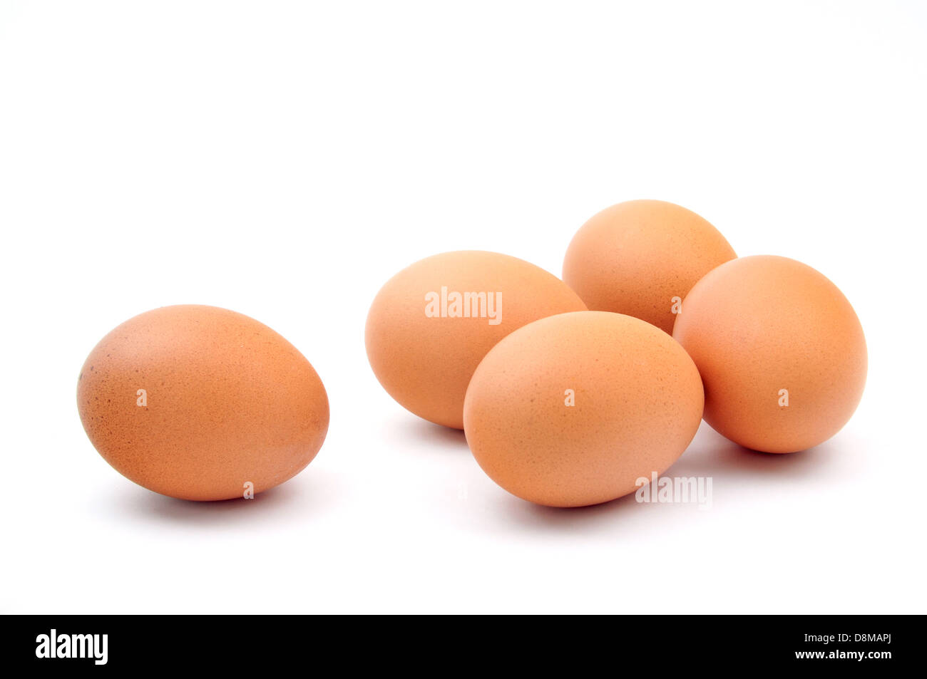 fünf Eiern auf weißem Hintergrund Stockfoto