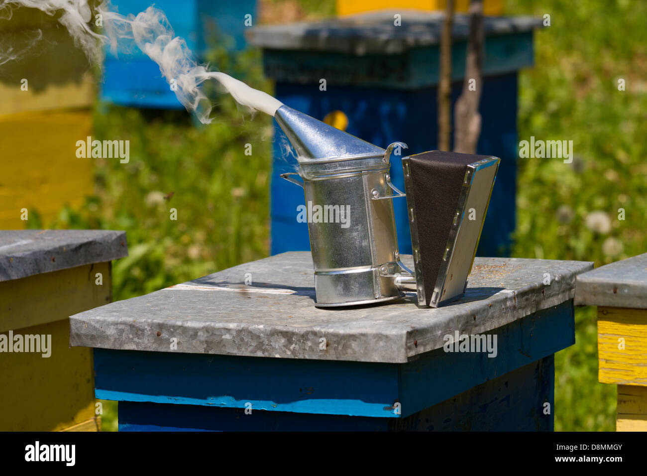 Bienenstock und Rauch Stockfoto