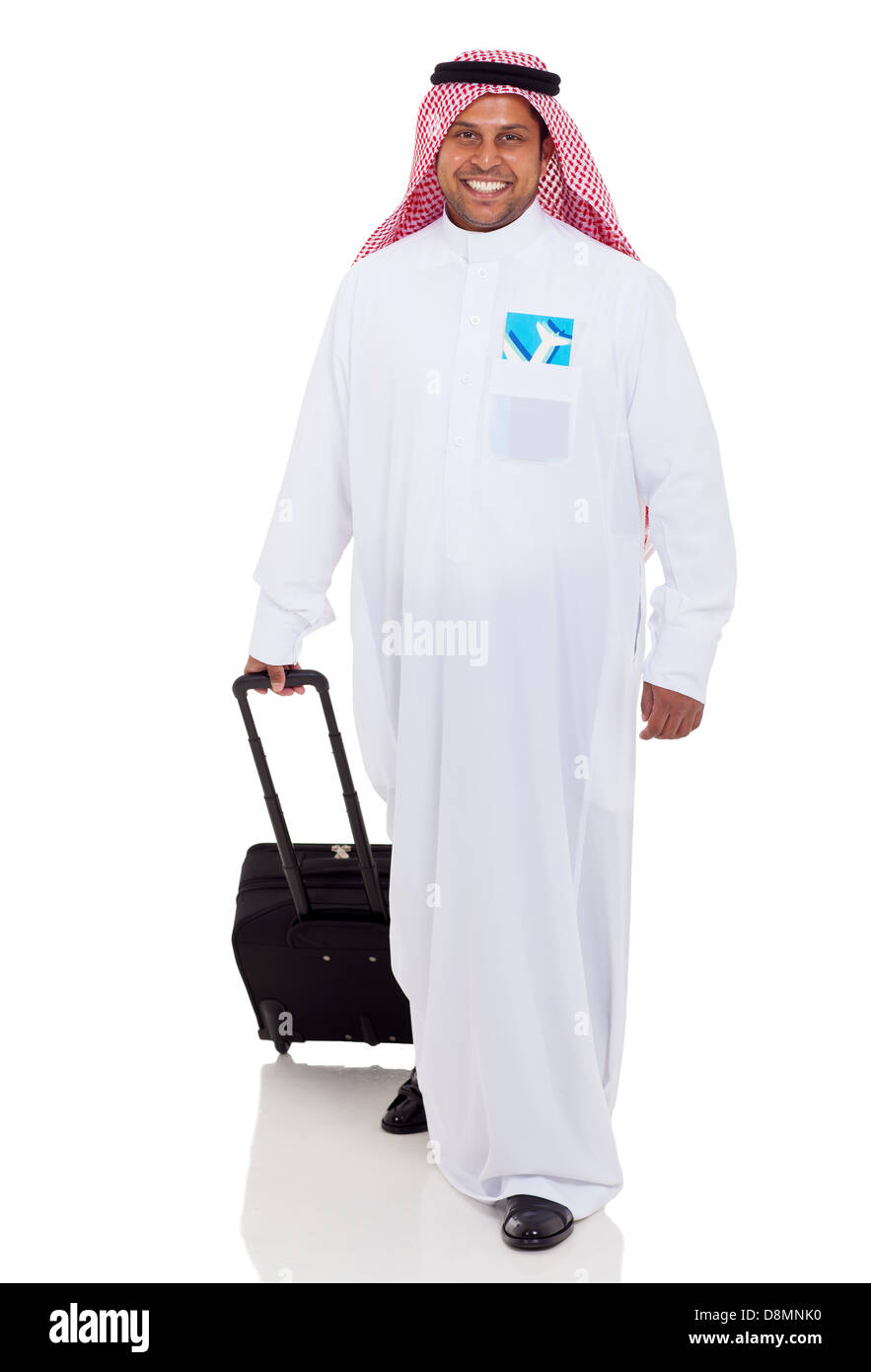fröhlicher arabischer Geschäftsmann mit dem Flugzeug reisen Stockfoto