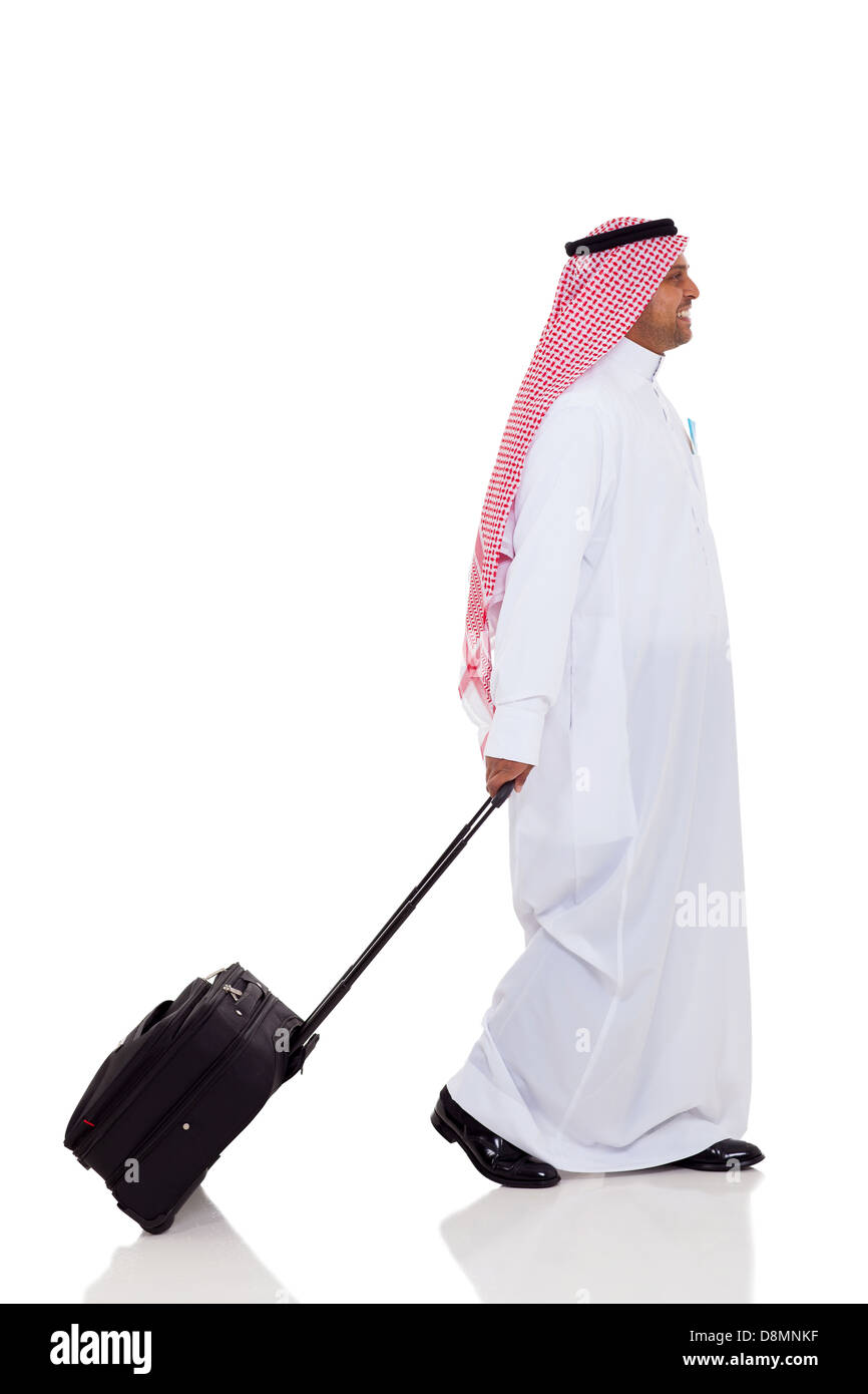 Seitenansicht des Nahen Ostens Business Traveller isoliert auf weiss Stockfoto