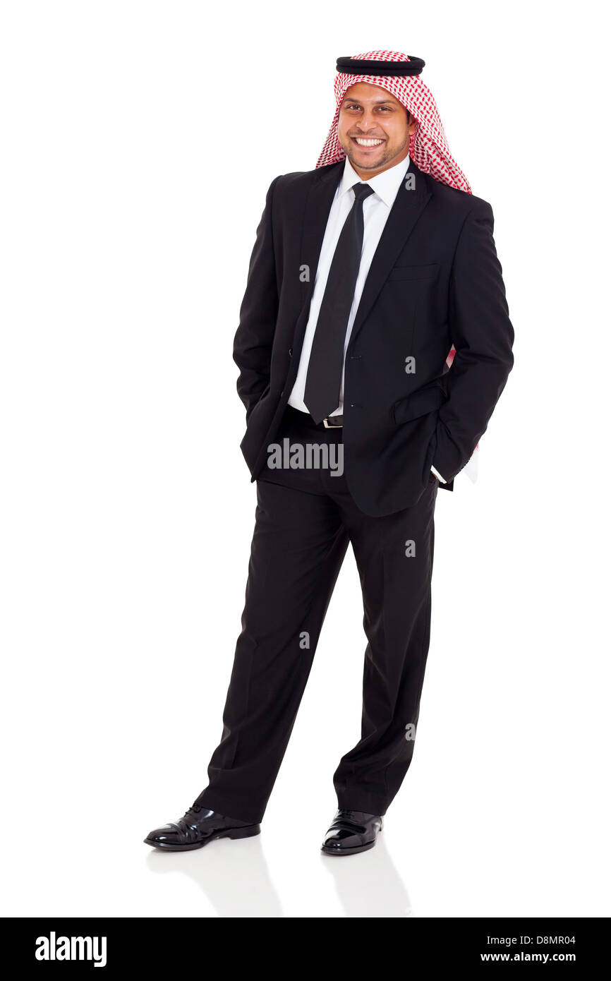fröhliche nahöstlichen Geschäftsmann Anzug schwarz auf weißem Hintergrund Stockfoto