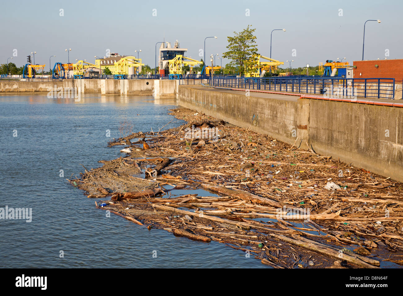 Cunovo Damm an der Donau - Slowakei und angeschwemmtes Holz Stockfoto